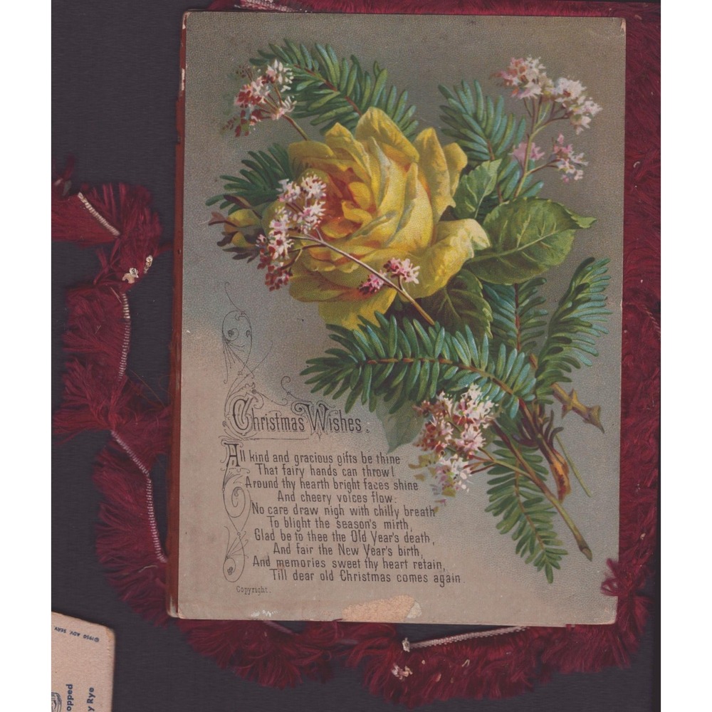 Victorian Fringed Christmas Cards Antique Floral Lithograph Lot of 2 Red Blue - Picture 2 of 4